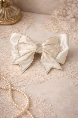 Ivory Satin Crystal Bow Clip
