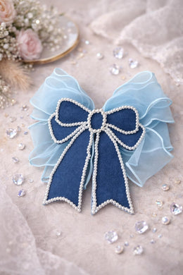 Denim & Organza Pearl Bow Barrette