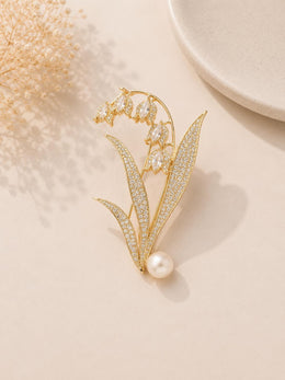 Golden Lily Pearl Crystal Brooch